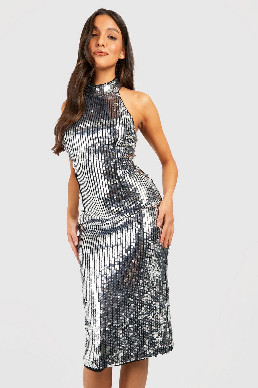 Silver Sequin Halter Midi Party Dress