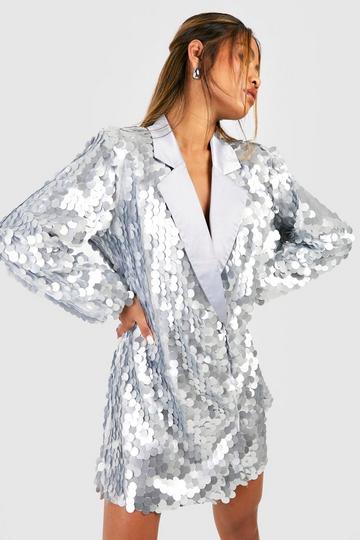 Sequin Disc Oversized Blazer Party Dress silver