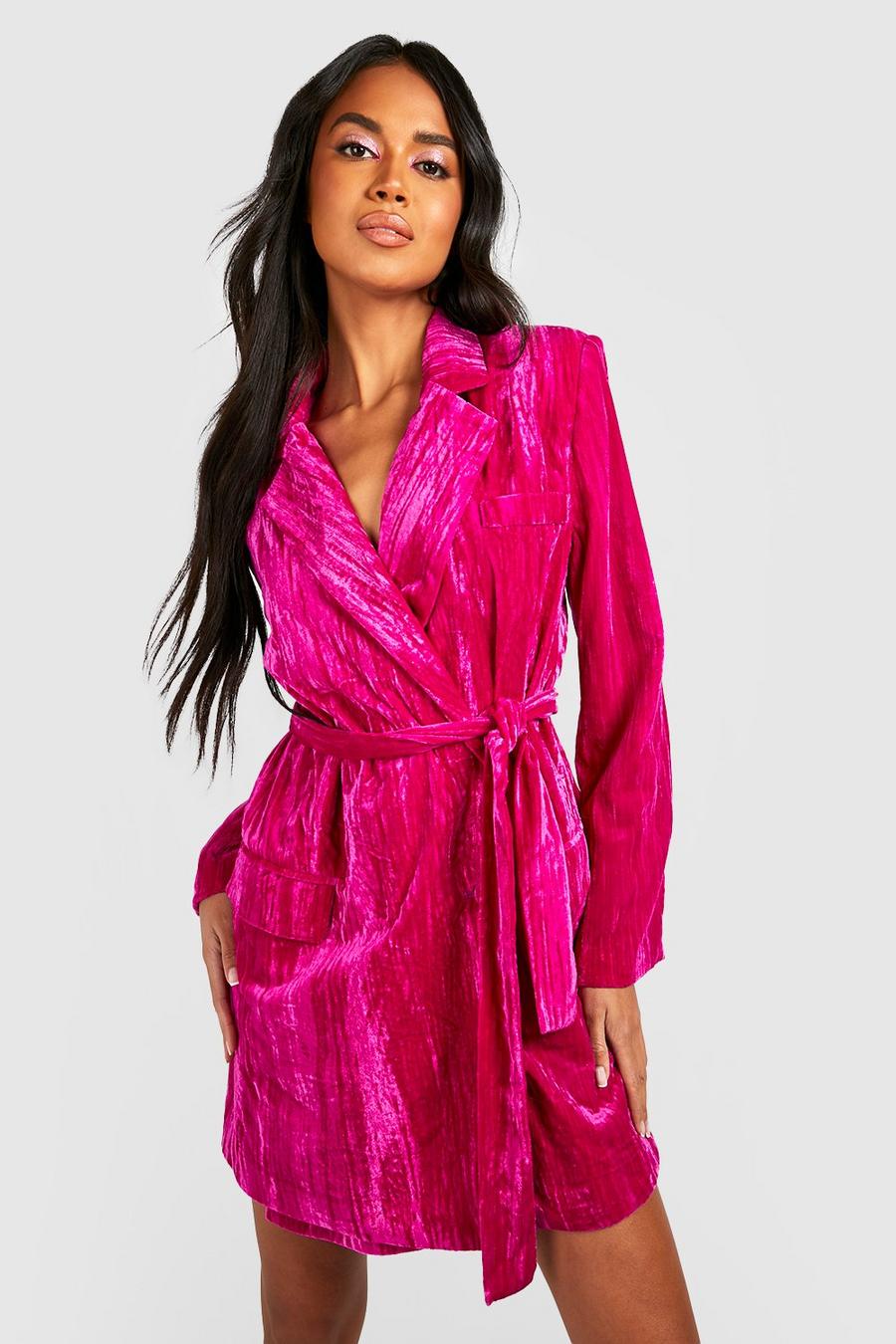 Pink שמלת בלייזר קטיפה למסיבות עם קשירה במותניים