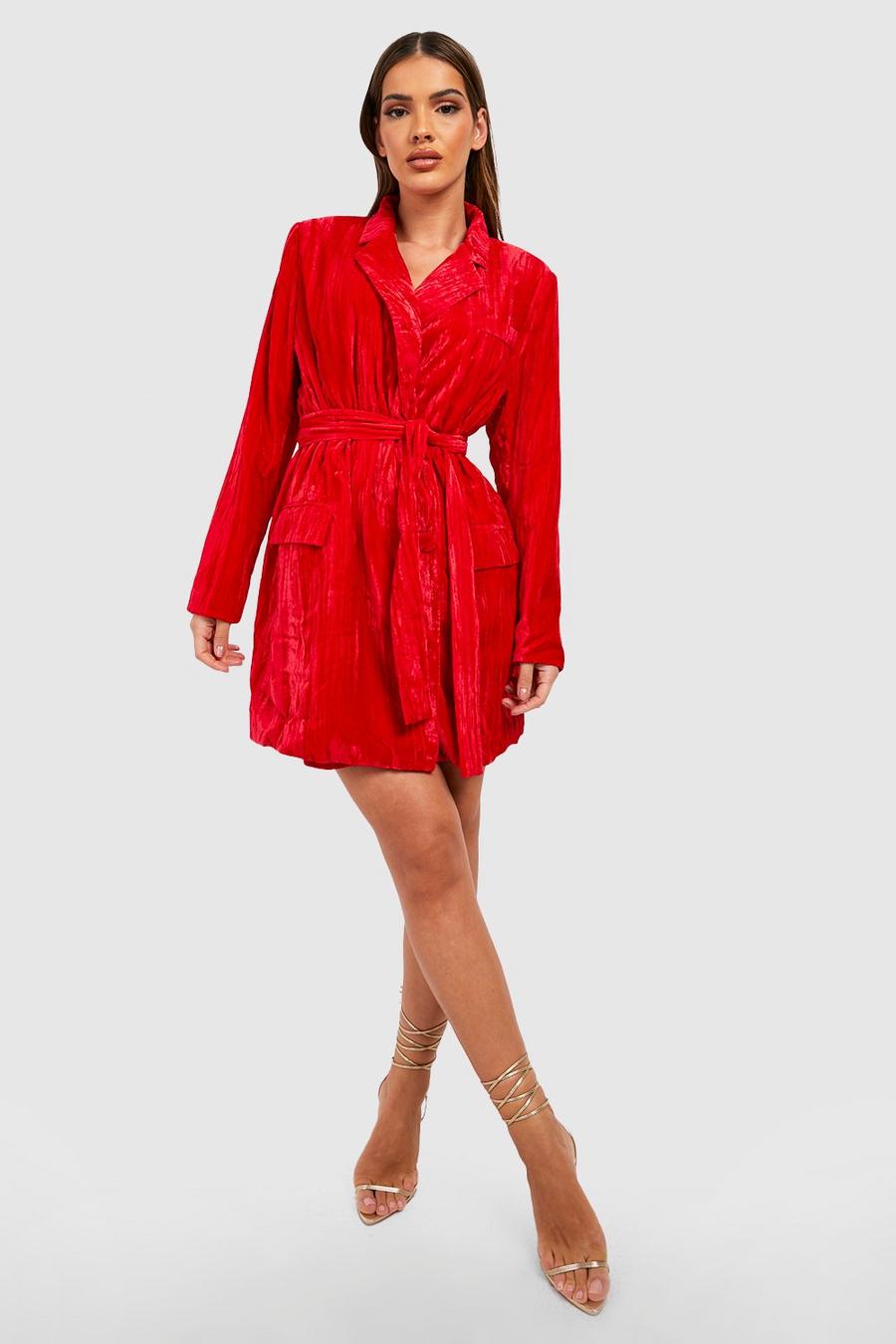 Red röd Velvet Tie Waist Blazer Party Dress image number 1