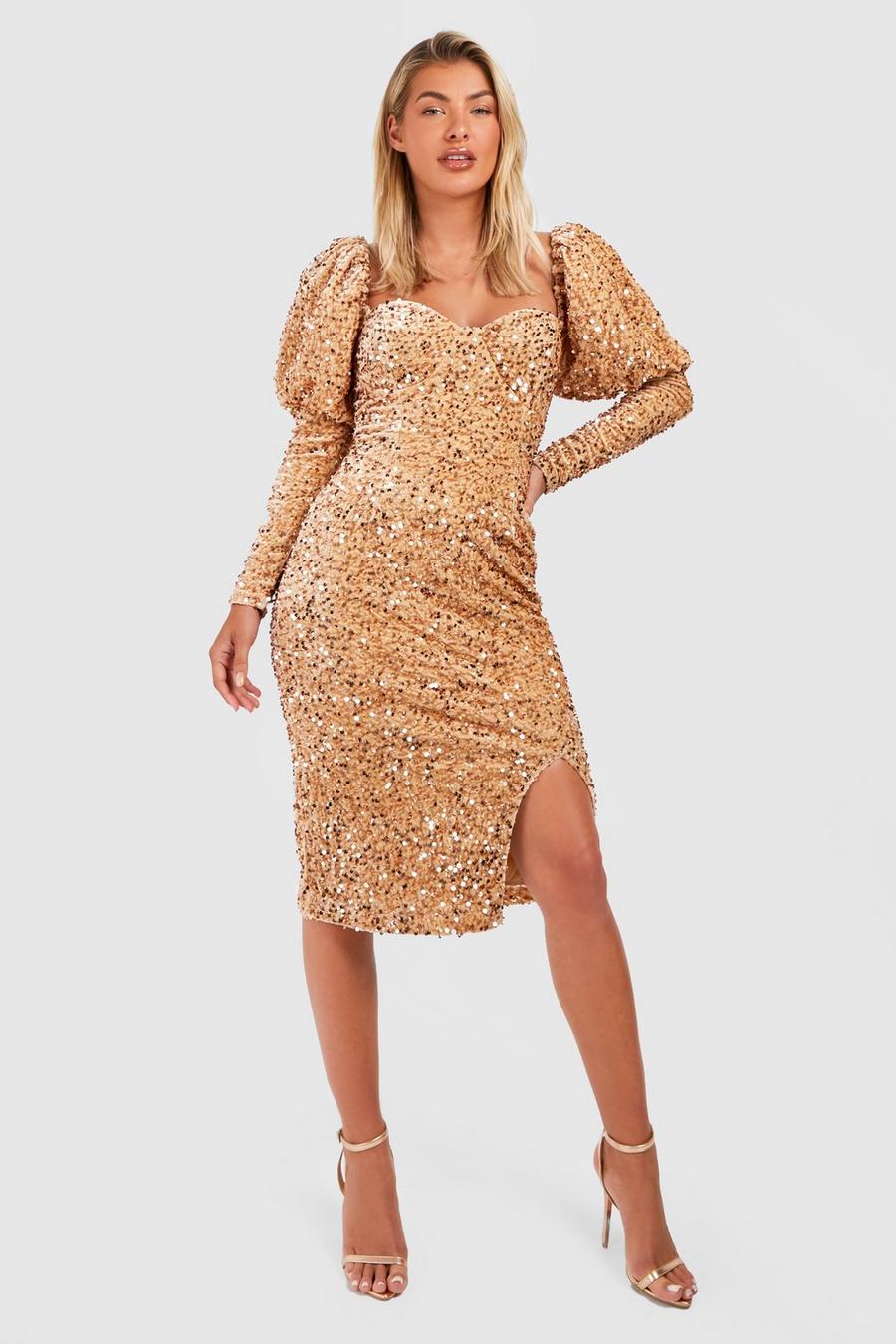 Gold metallic Sequin Puff Sleeve Midi Party Dress image number 1