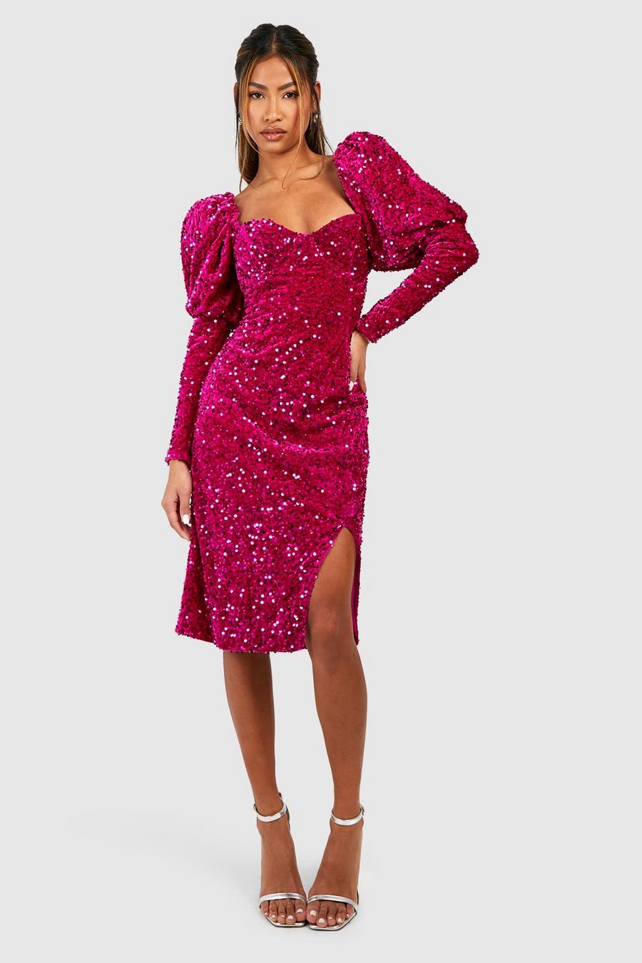 Hot pink Sequin Puff Sleeve Midi Party Dress 