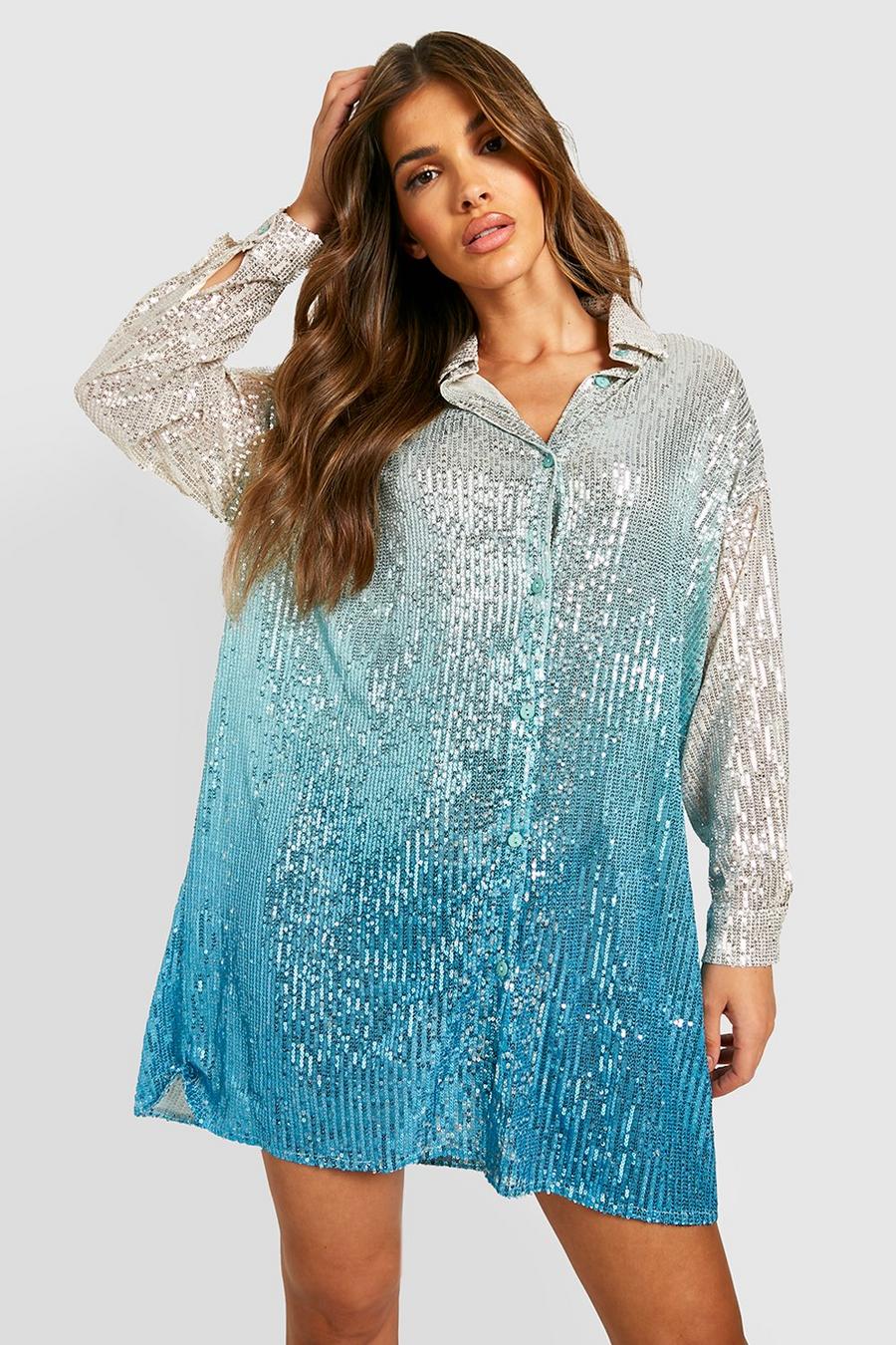Blue Sequin Ombre Oversized Shirt Party Dress 