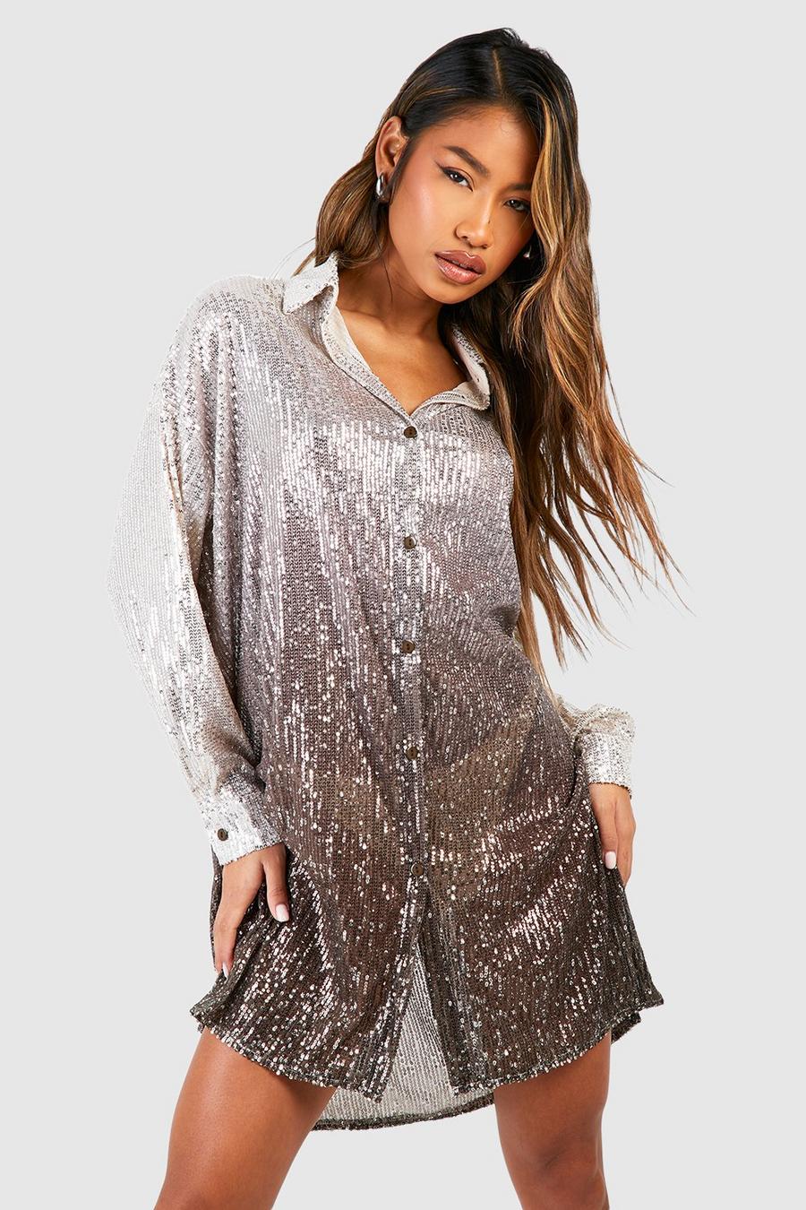 Bronze Sequin Ombre Oversized Shirt Party Dress  image number 1