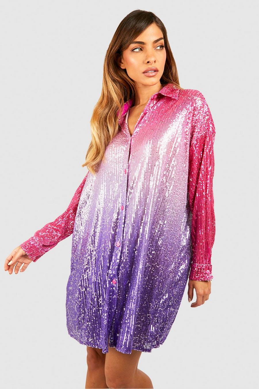 Pink Sequin Ombre Oversized Shirt Party Dress  image number 1
