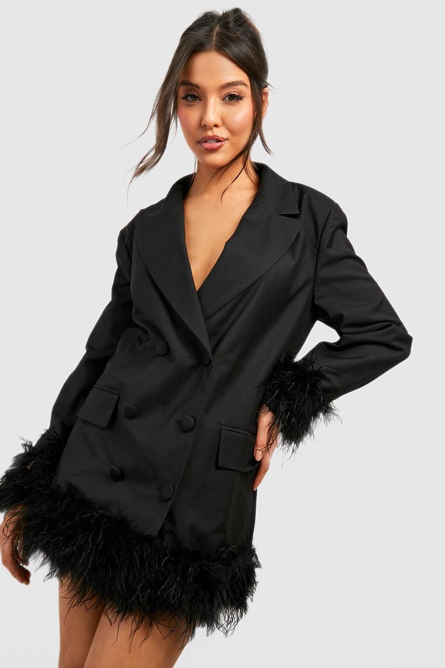 Black Feather Hem Oversized Blazer Dress image number 1