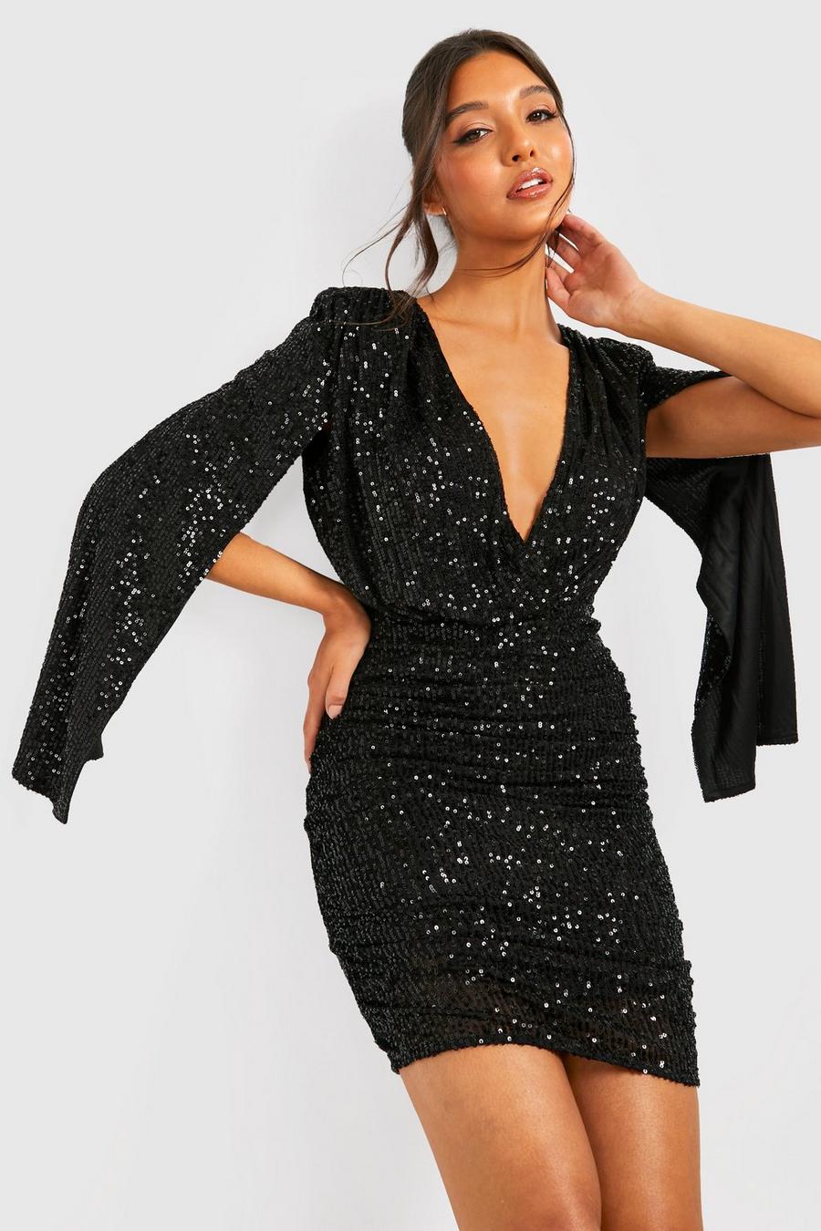 Black Sequin Cape Sleeve Plunge Mini Party Dress image number 1