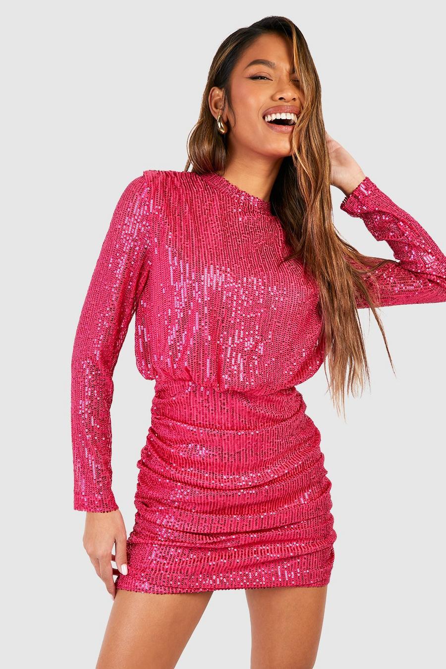 Hot pink Sequin Ruched Drape Mini Dress