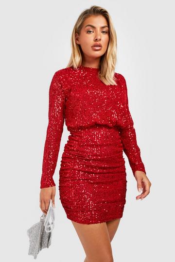 Sequin Ruched Drape Mini Dress red