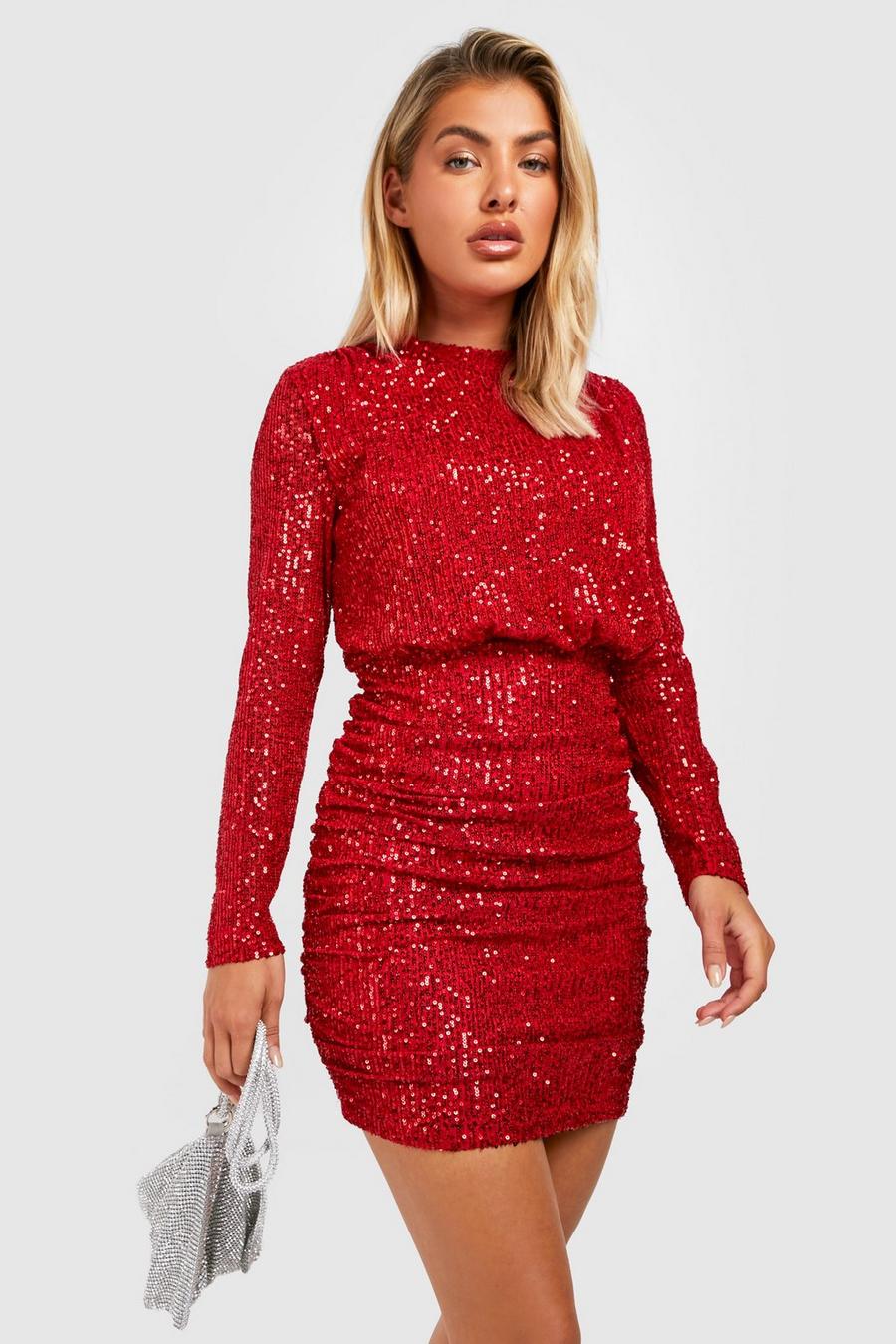 Red Sequin Ruched Drape Mini Dress image number 1