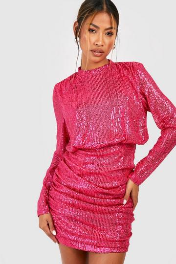 Sequin Ruched Drape Midi Dress hot pink