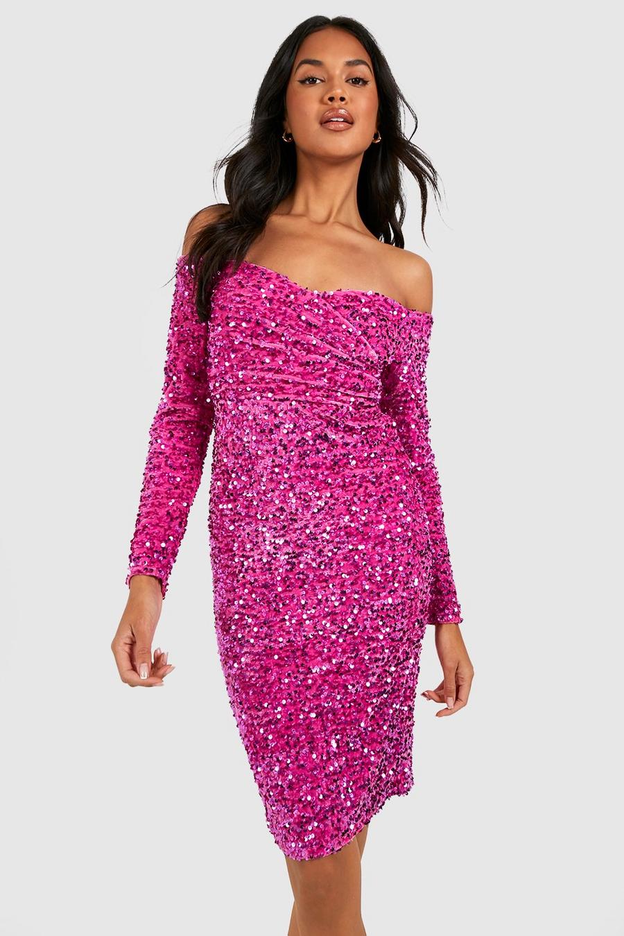 Magenta pink Sequin Off The Shoulder Midi Party Dress image number 1