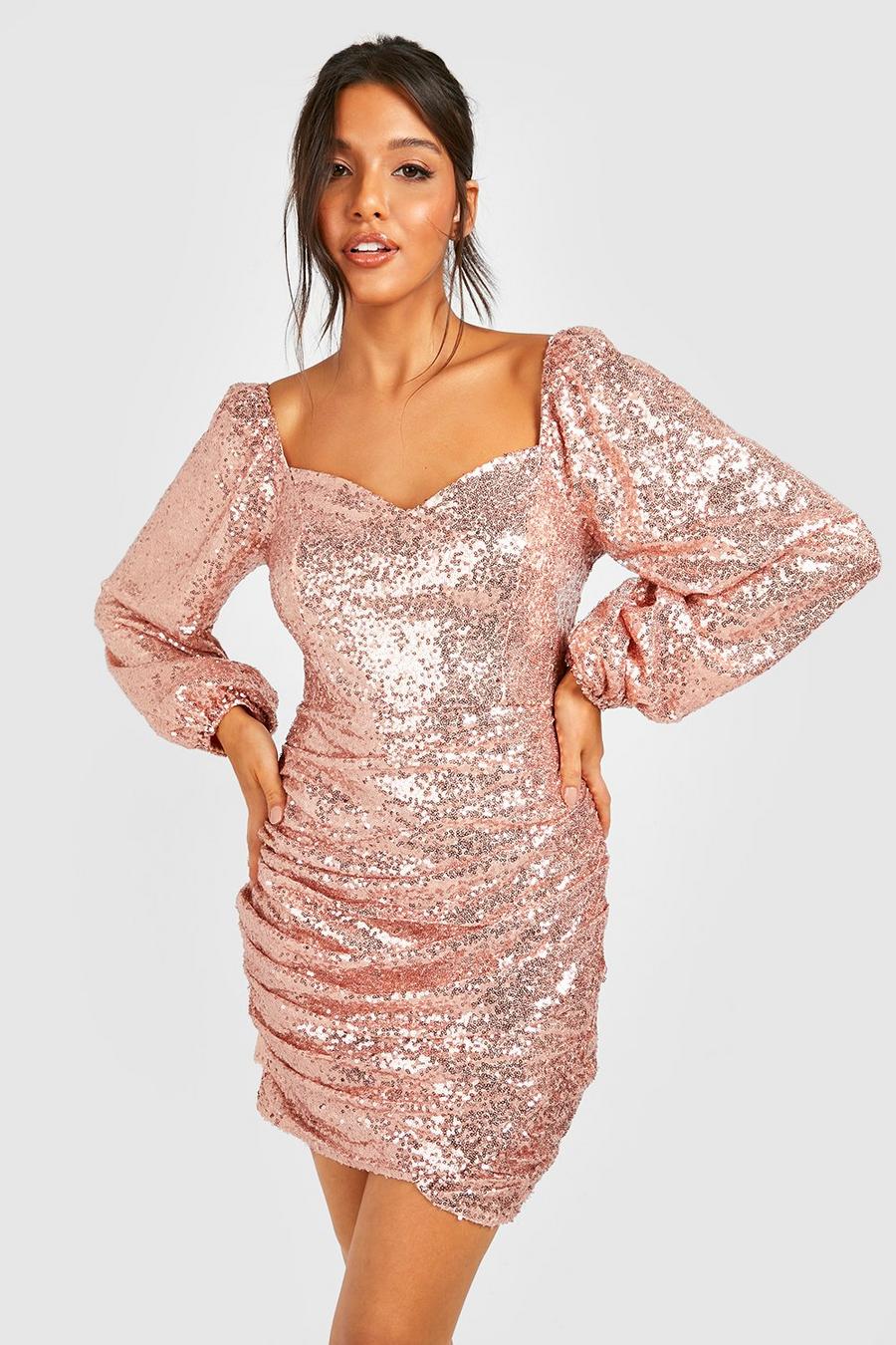 Gold Sequin Blouson Sleeve Wrap Party Dress image number 1