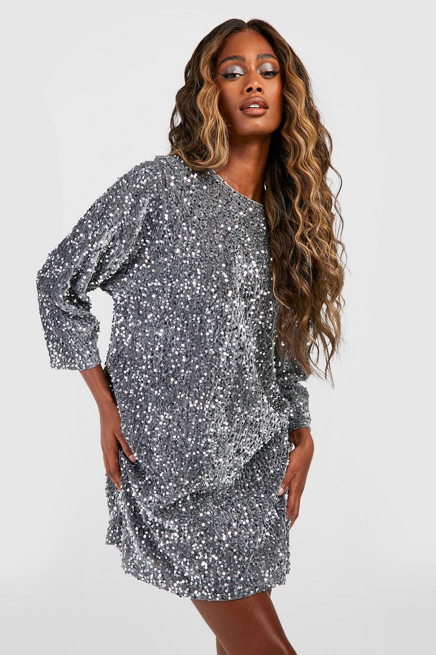 Silver Sequin Batwing Shift Dress