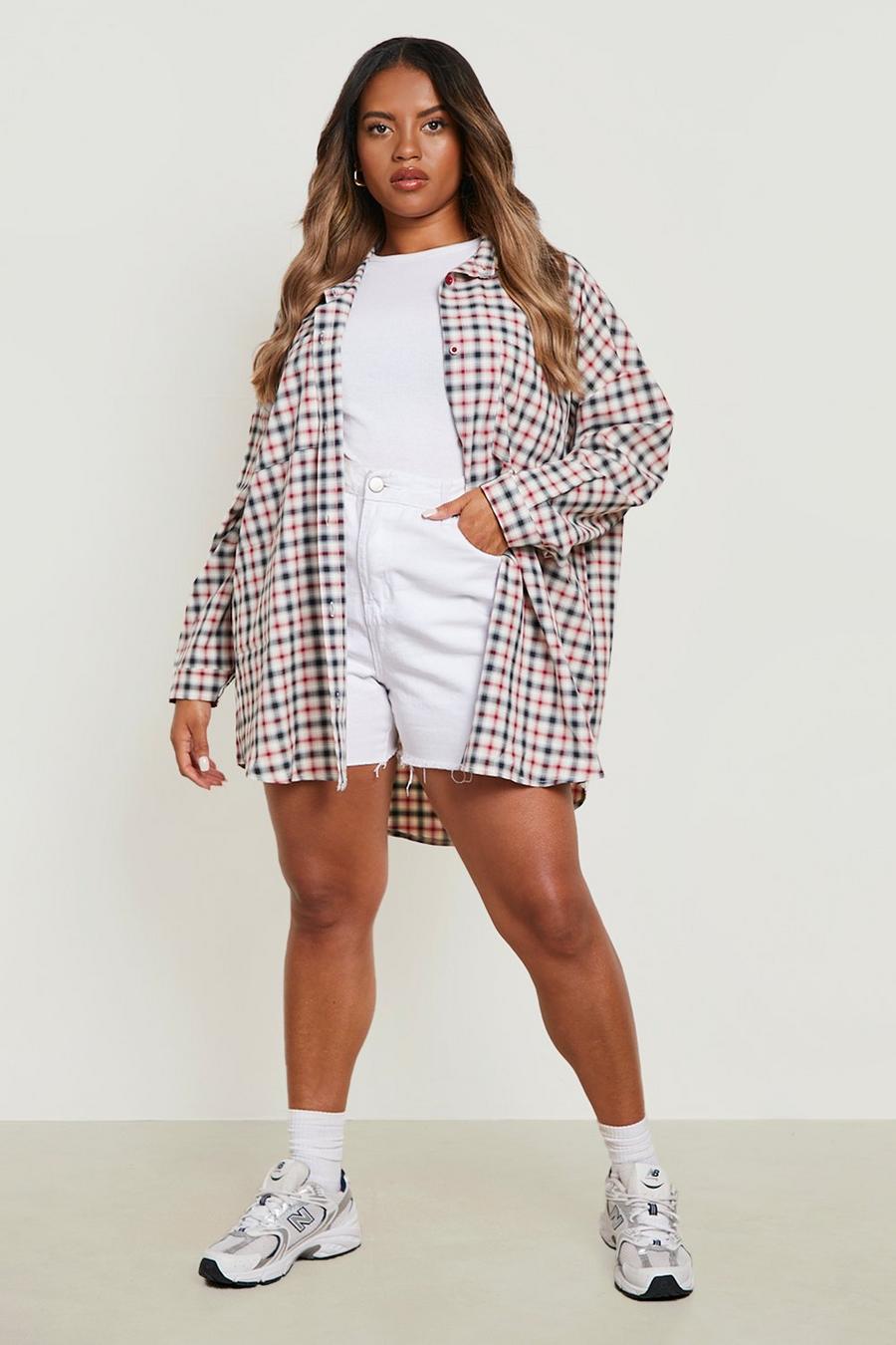 Red Plus Brushed Flannel Oversized Boyfriend Shirt image number 1