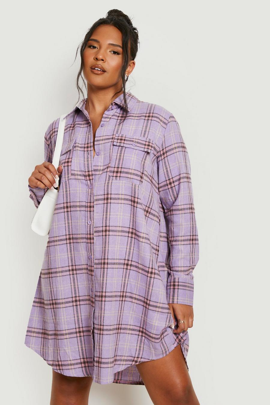 Grande taille - Robe chemise à carreaux en maille brossée, Purple image number 1