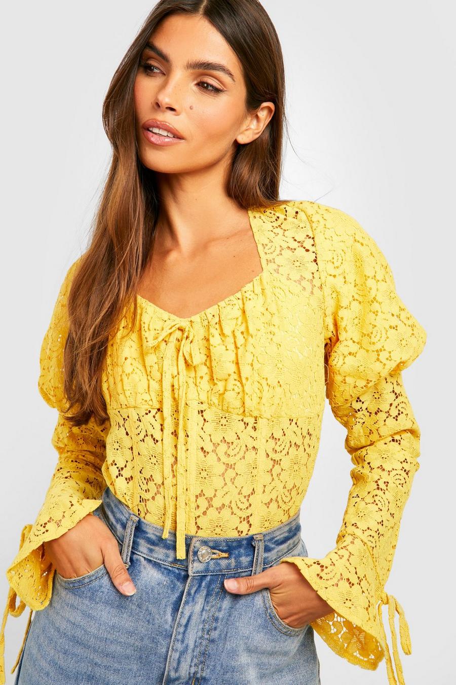 Mustard Puff Sleeve Corset Lace Bodysuit image number 1