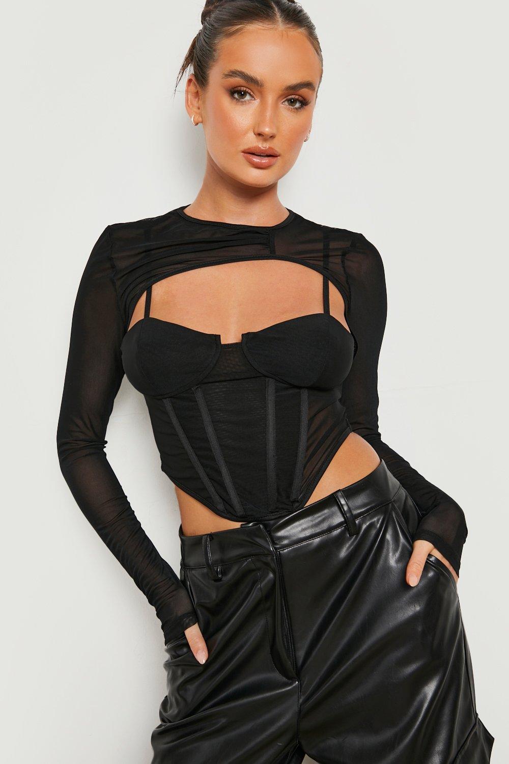 LTS Tall Women's Black Corset Mesh Sleeve Top