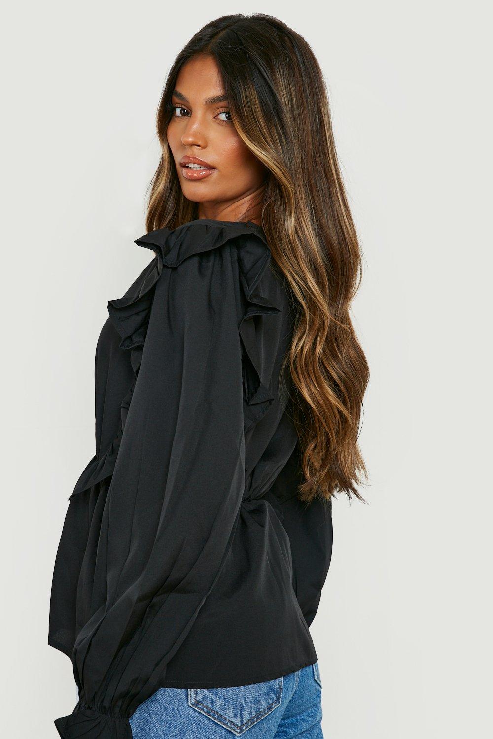 Black Woven Frill Shoulder Blouse boohoo UK