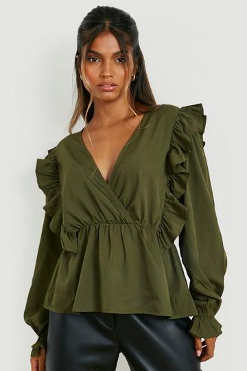 Woven Frill Shoulder Blouse khaki