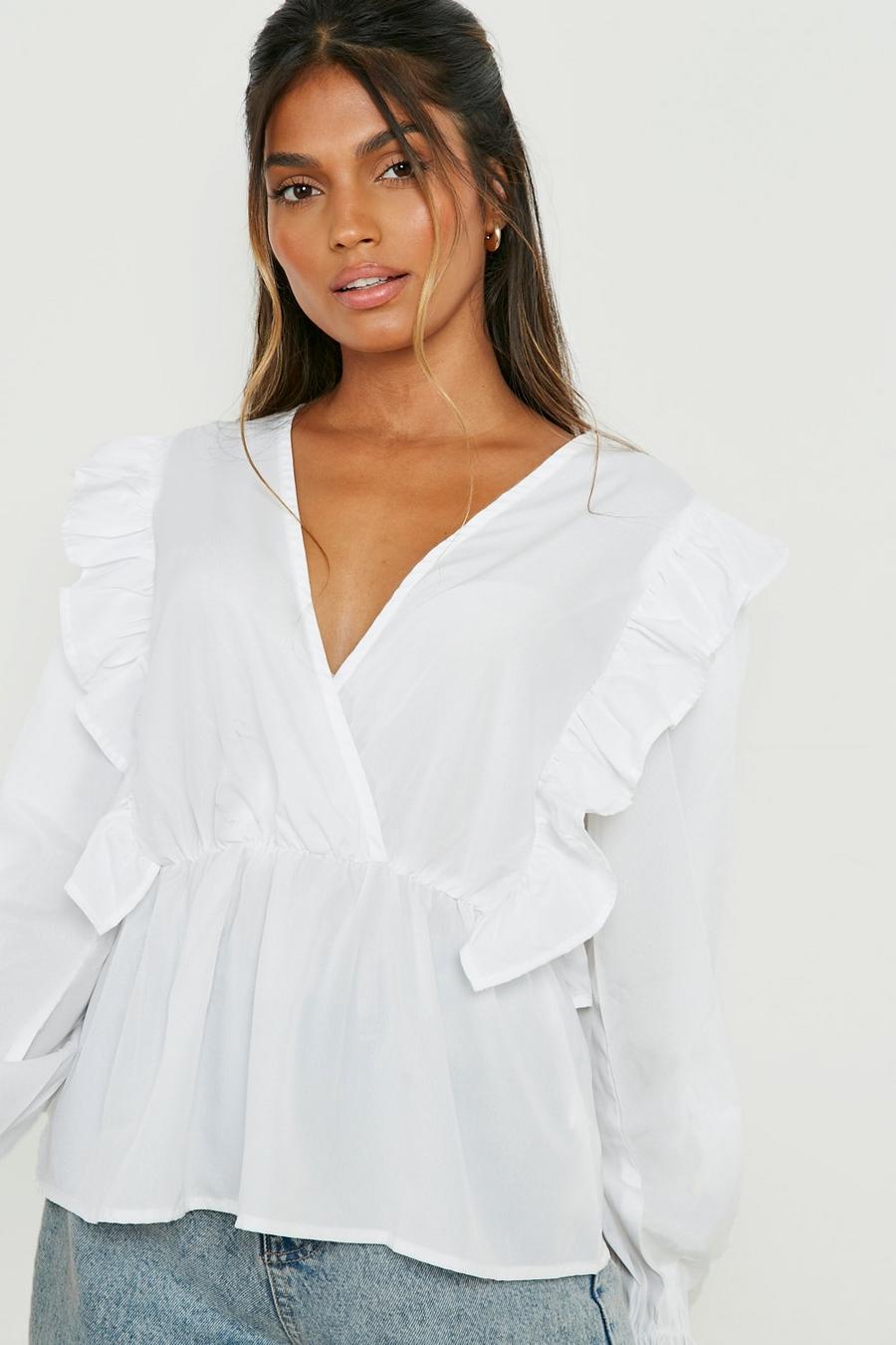 White Woven Frill Shoulder Blouse  image number 1