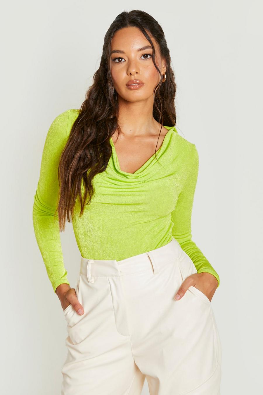 Lime green Textured Slinky Cowl Neck Collar Top