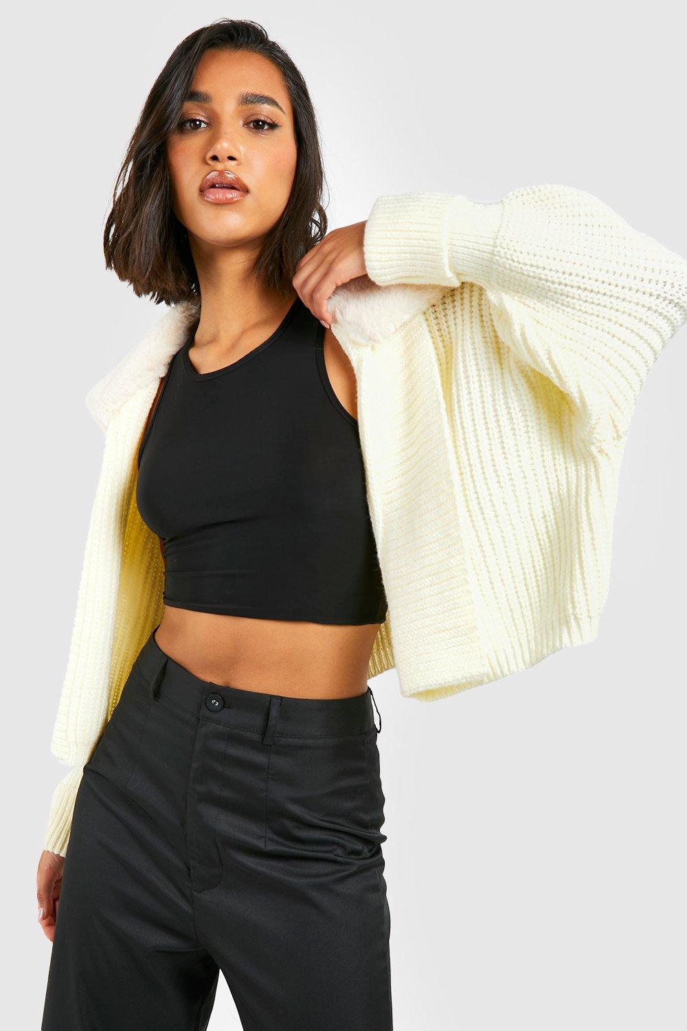 boohoo Chunky Knit Cropped Cardigan - White - Size M