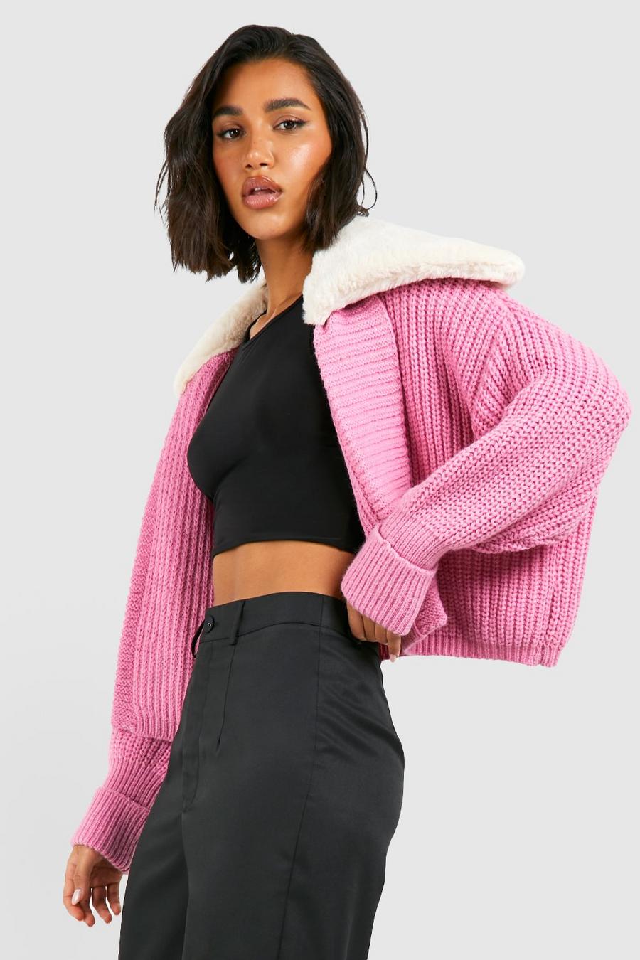 Pink Faux Fur Collar Chunky Cropped Cardigan image number 1