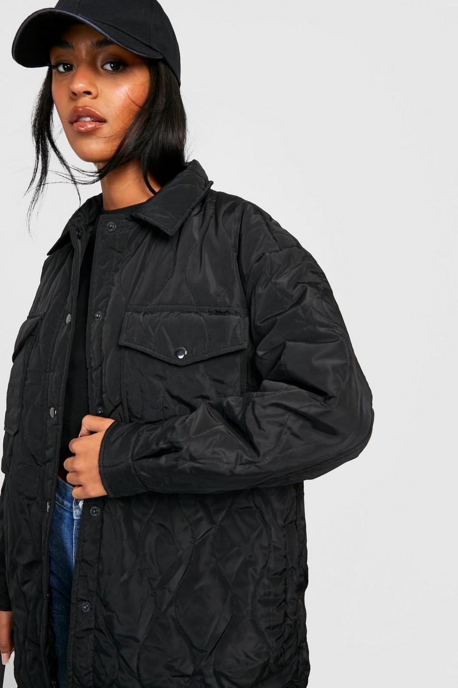 Black Tall Collared Quilted Puffer Jacket image number 1