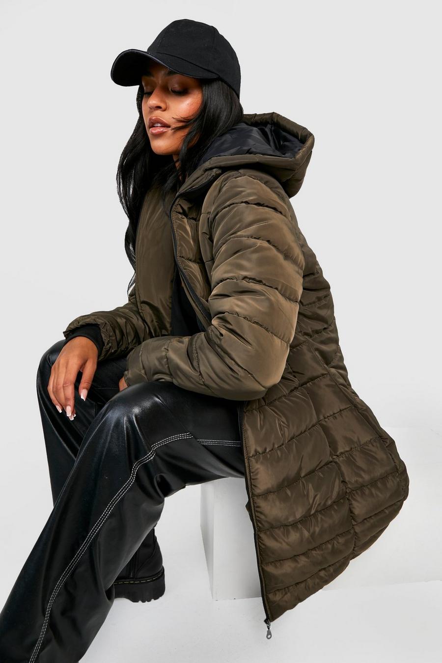 Khaki Tall Hooded Longline Puffer Coat