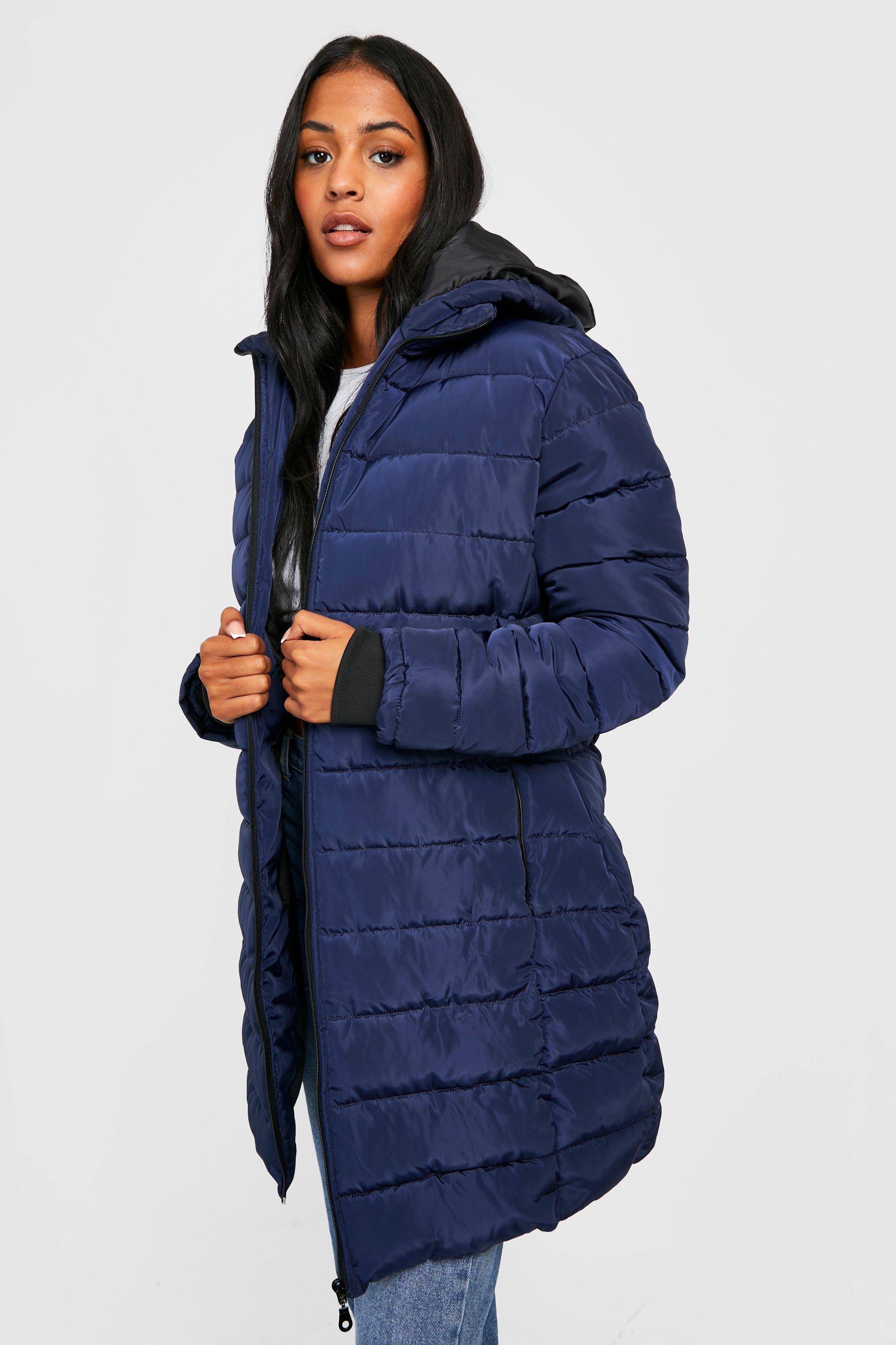 Ladies Navy Padded Jacket With Hood | vlr.eng.br