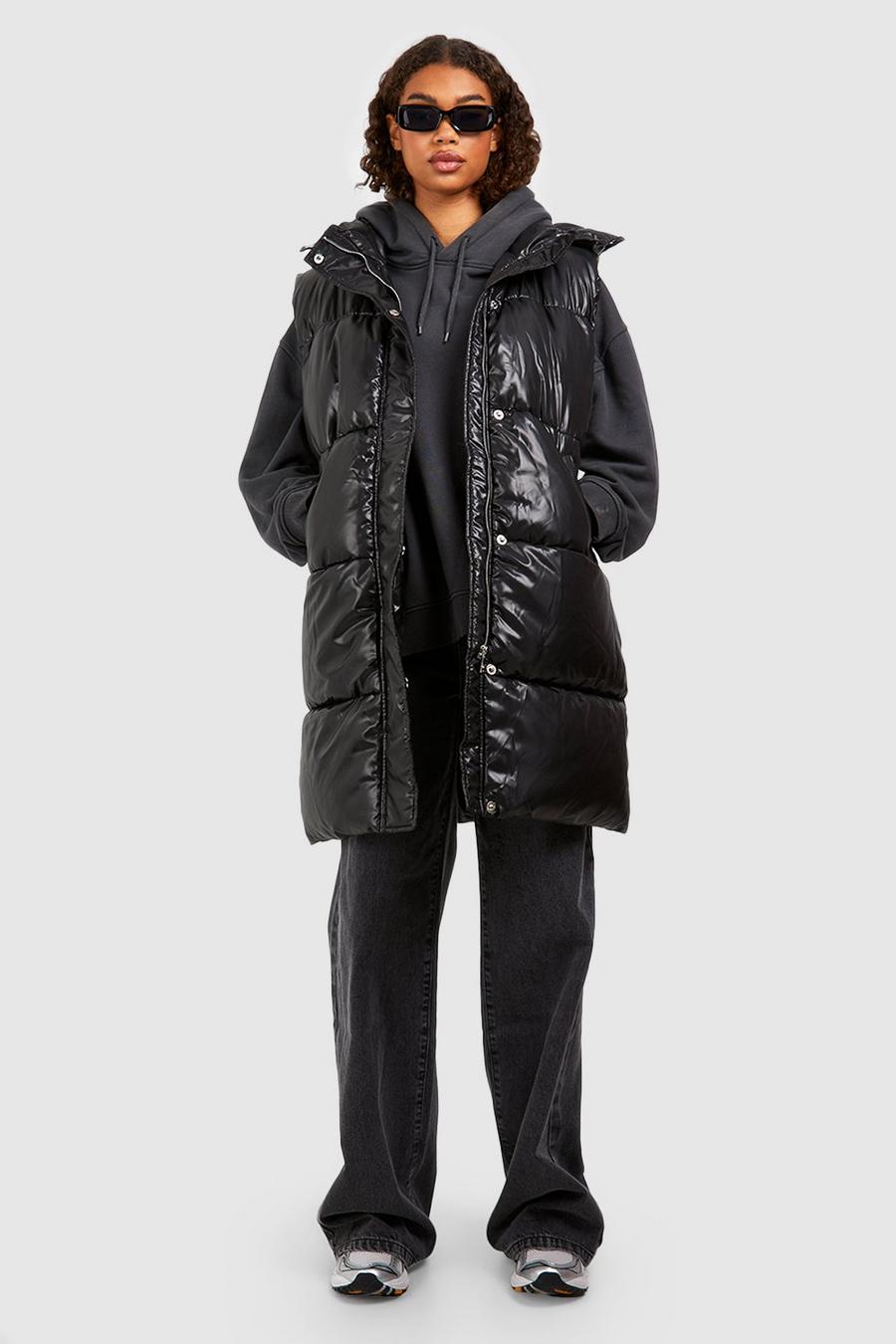 Black Tall Hooded High Shine Puffer Gilet image number 1