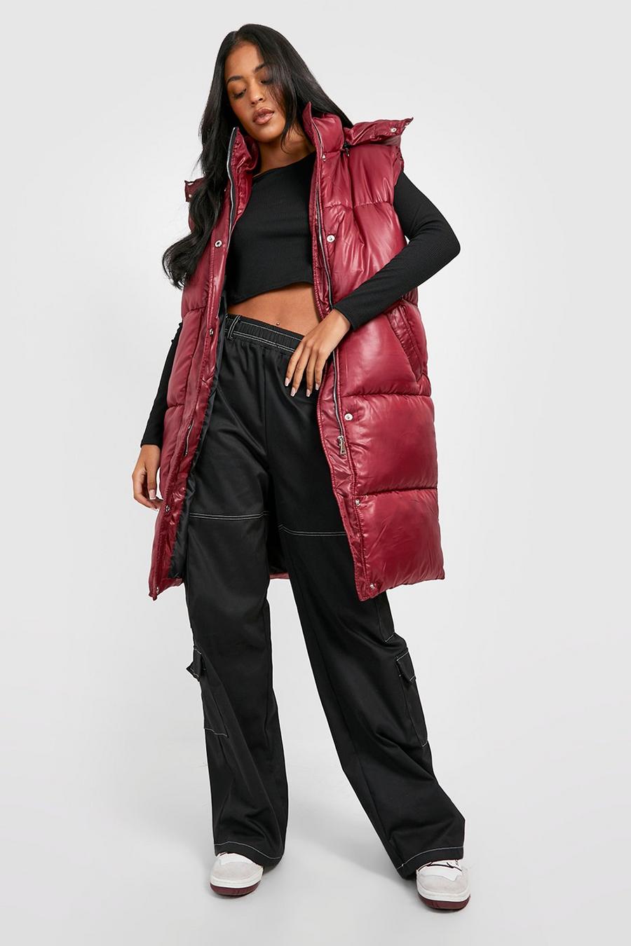 Burgundy Tall Hooded High Shine Puffer Gilet image number 1