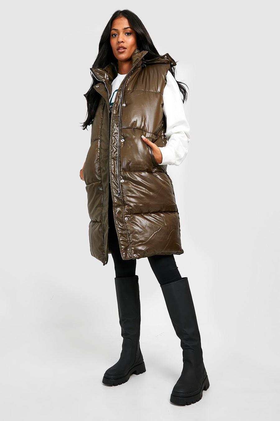 Khaki Tall Hooded High Shine Puffer Vest image number 1