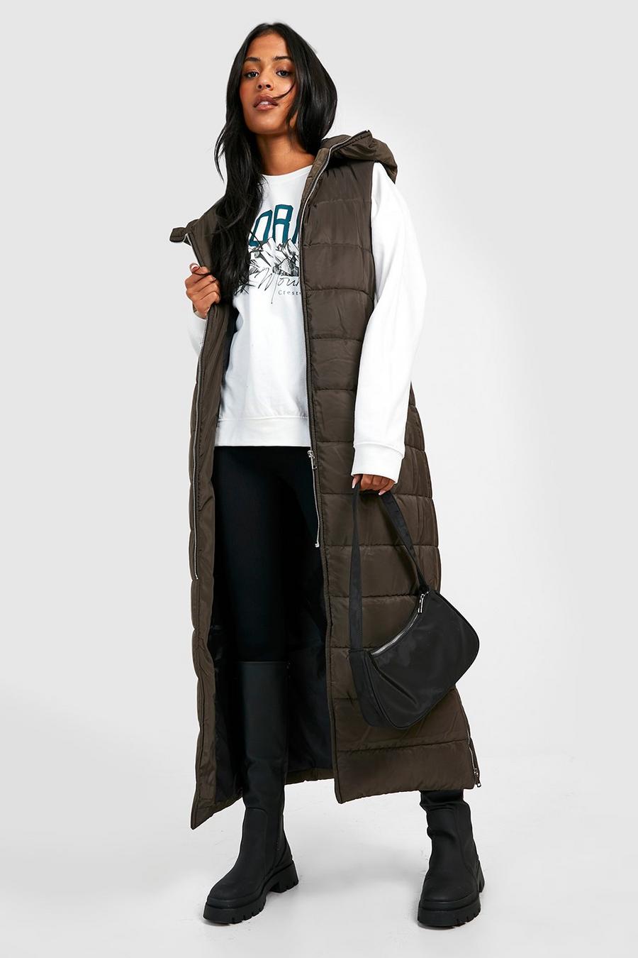 Khaki Tall Hooded Maxi Puffer Gilet image number 1