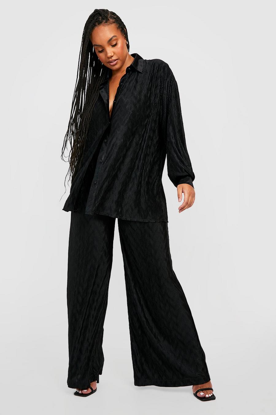 Black מכנסי פליסה עם טקסטורה, מידות גדולות  image number 1