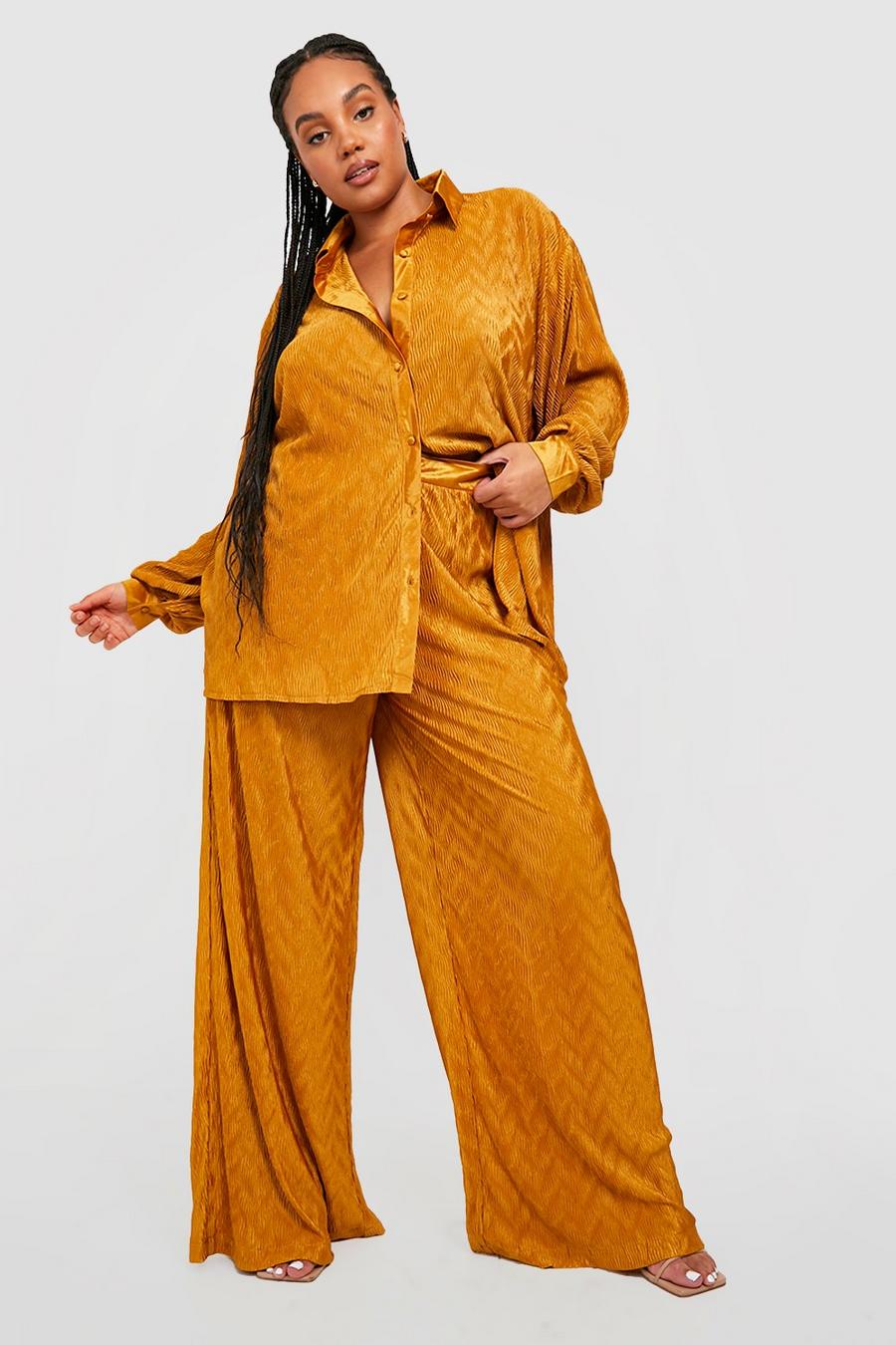 Mustard yellow Plus Textured Plisse Trousers 