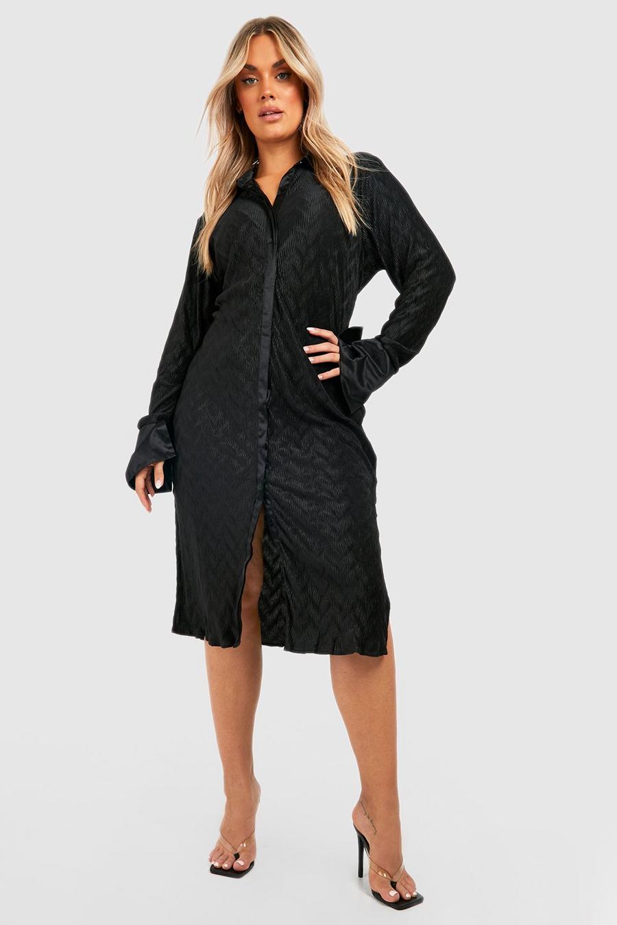 Black Plus Textured Plisse Midi Shirt Dress image number 1