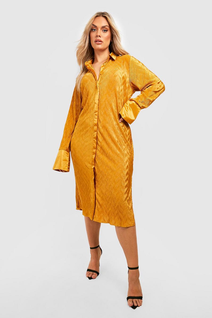 Mustard Plus Textured Plisse Midi Shirt Dress image number 1