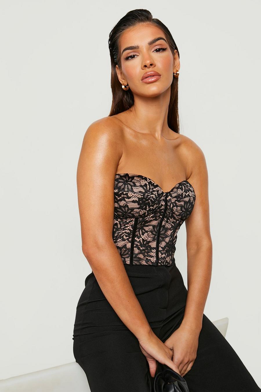Top a corsetto in pizzo senza spalline, Black image number 1