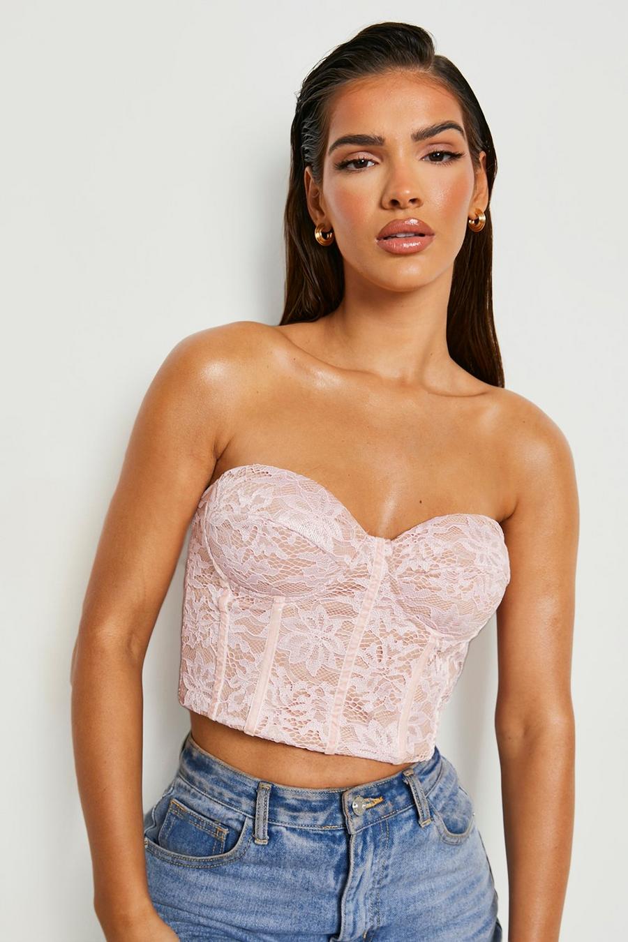Top a corsetto in pizzo senza spalline, Blush image number 1