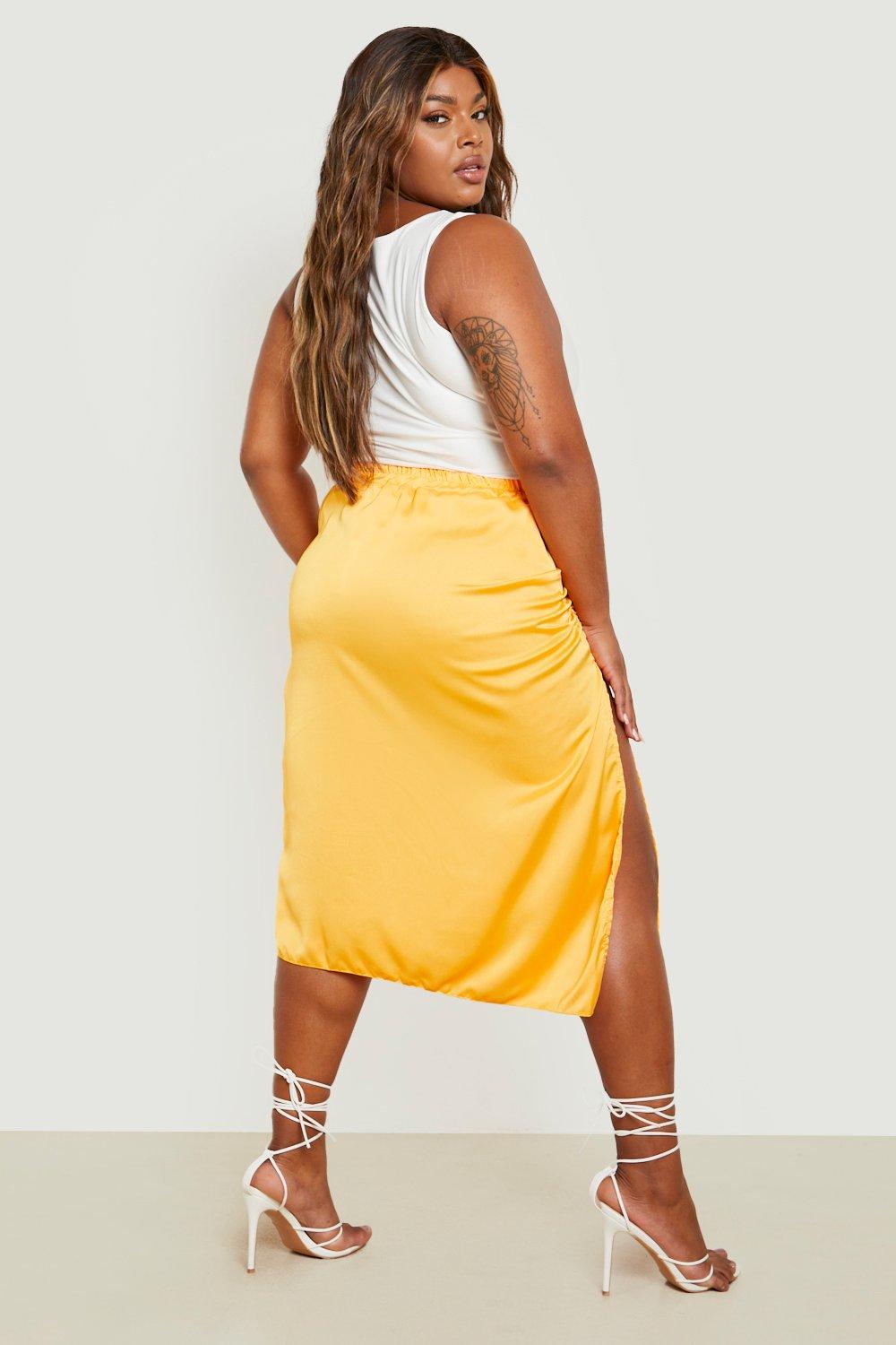 Plus Satin Ruched Midi Skirt