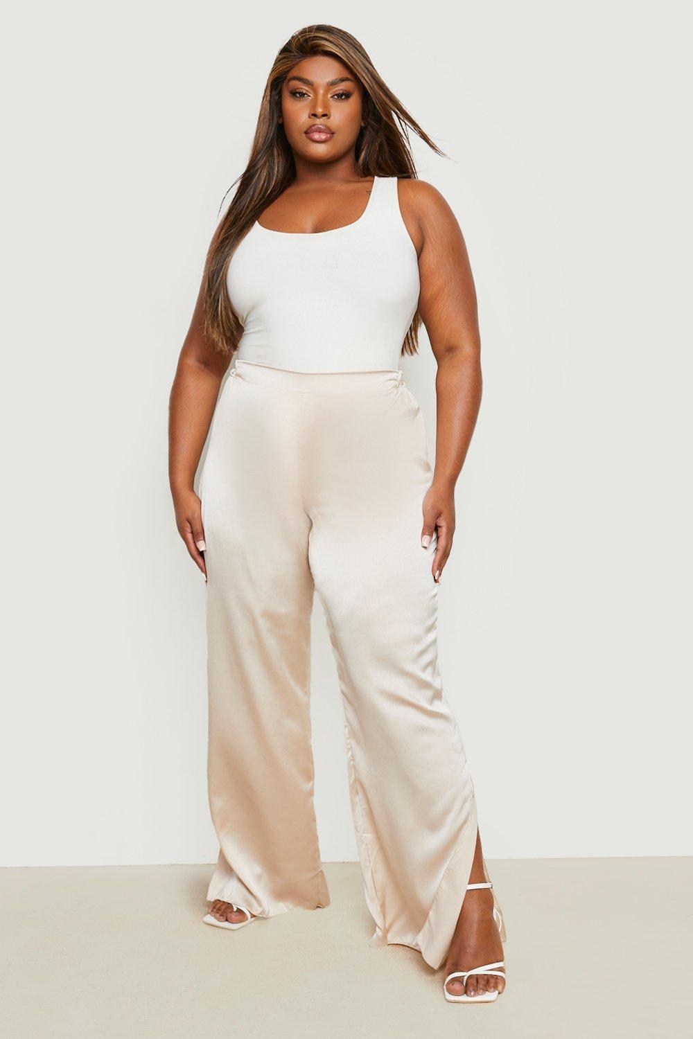 Plus White Satin Wide Legged Pants