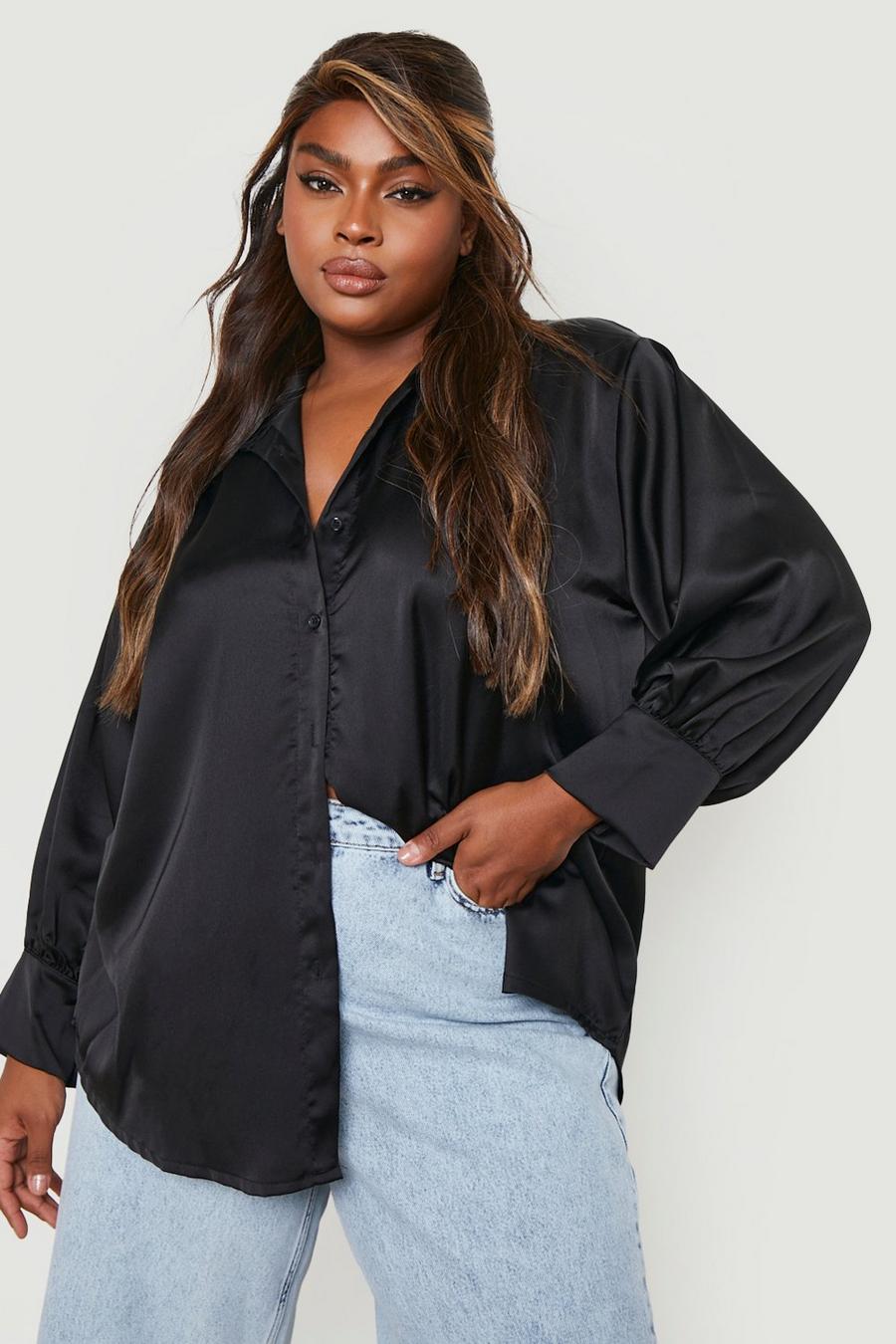 Camicia Plus Size oversize in raso, Black negro