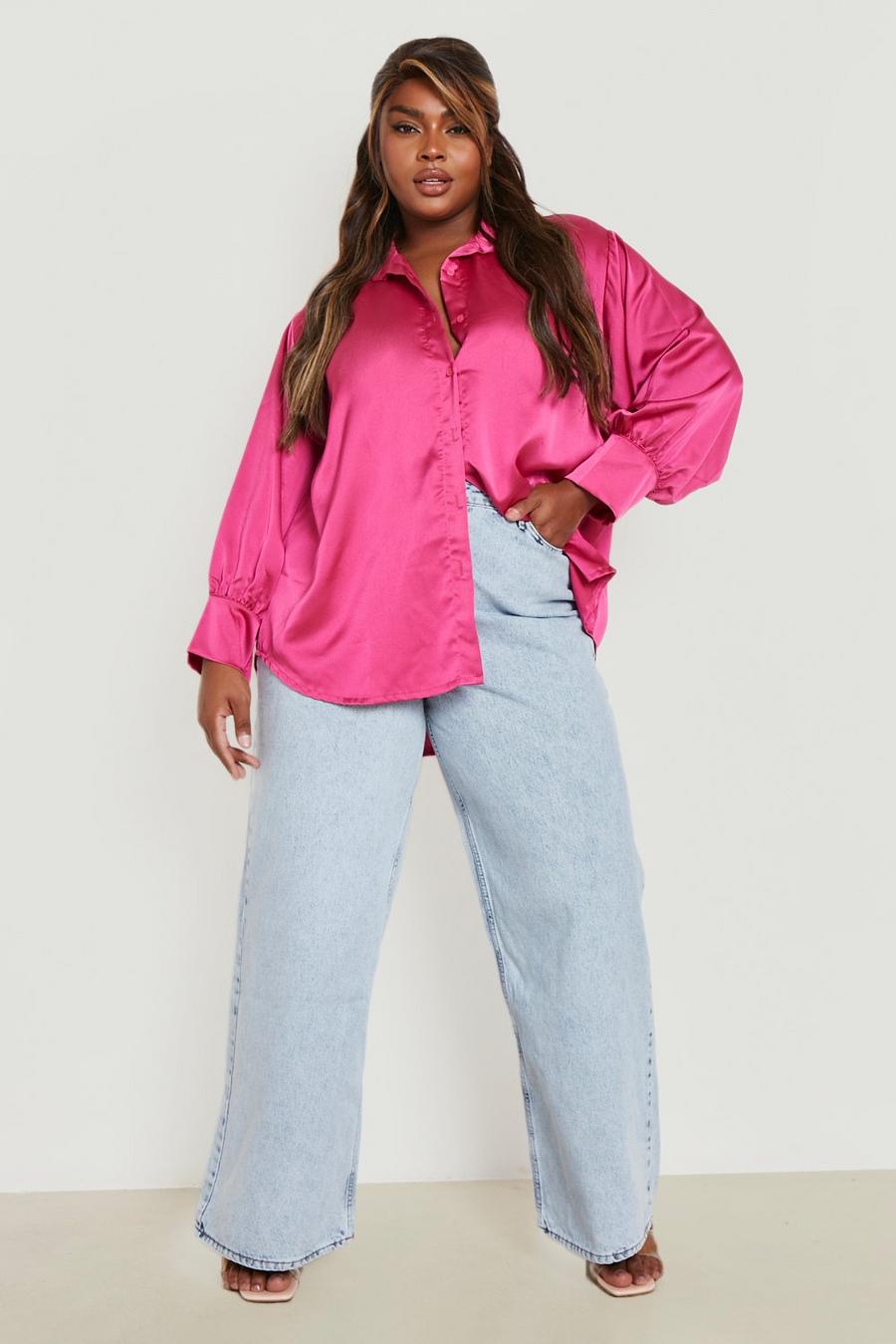 Plus Oversize Satin-Hemd, Hot pink image number 1