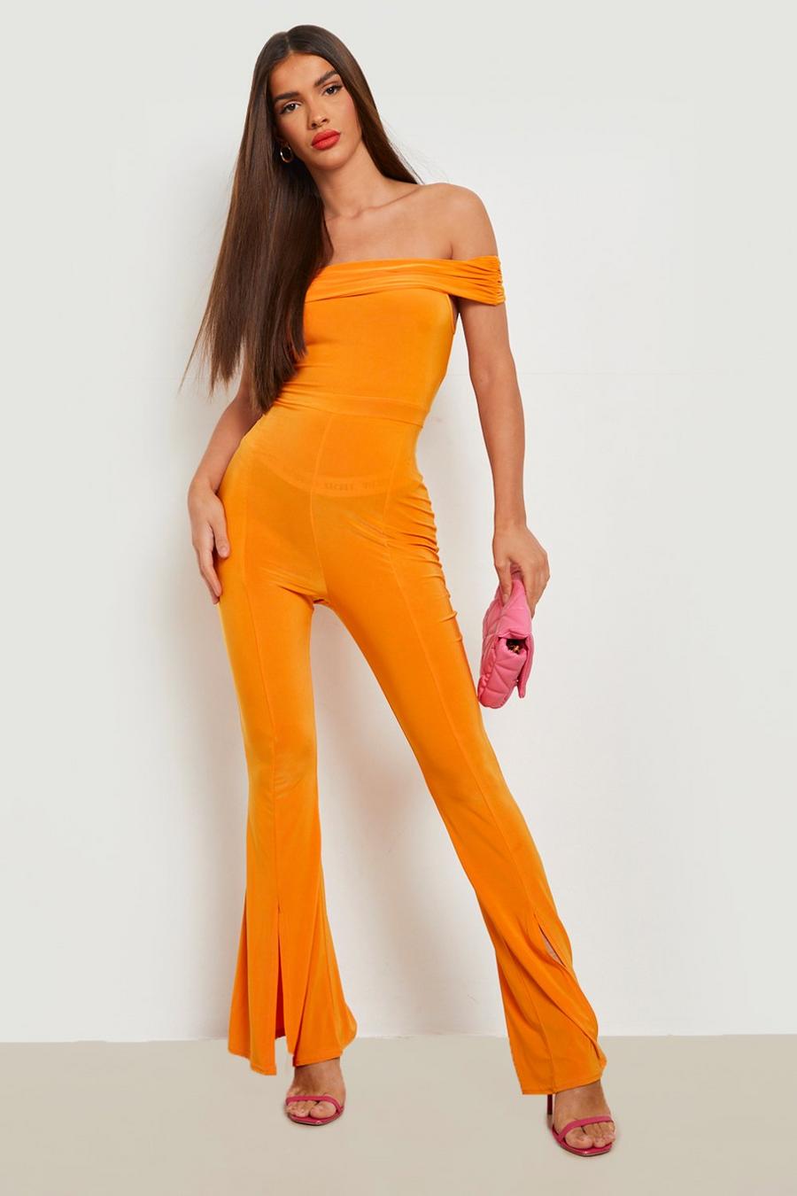 Orange Off shoulder-jumpsuit med slits image number 1
