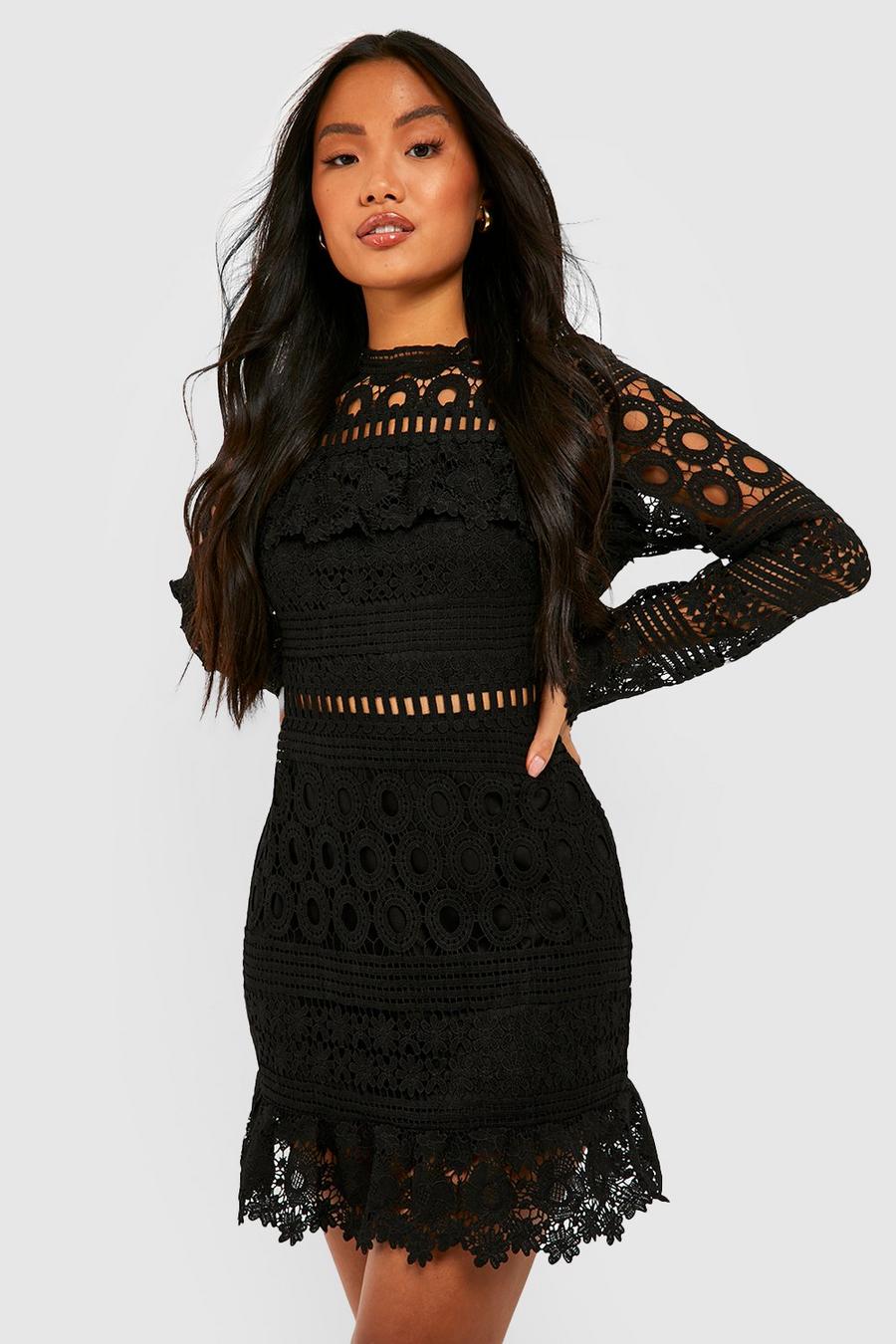 Black Petite Premium Lace Long Sleeve Mini Dress  image number 1