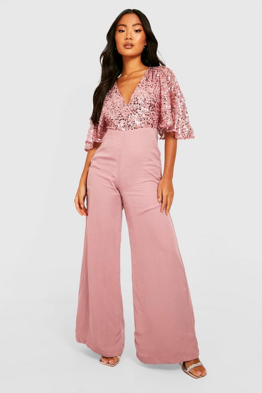 Dusty rose pink Petite Sequin Flared Sleeve Wide Leg Jumpsuit