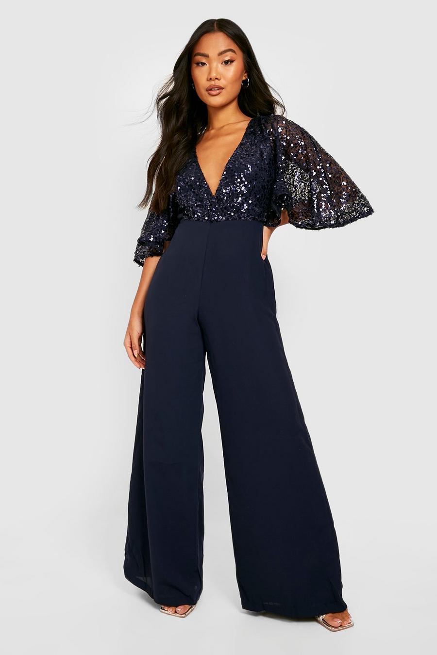 Navy Petite Sequin Flared Sleeve Wide Leg Jumpsuit image number 1