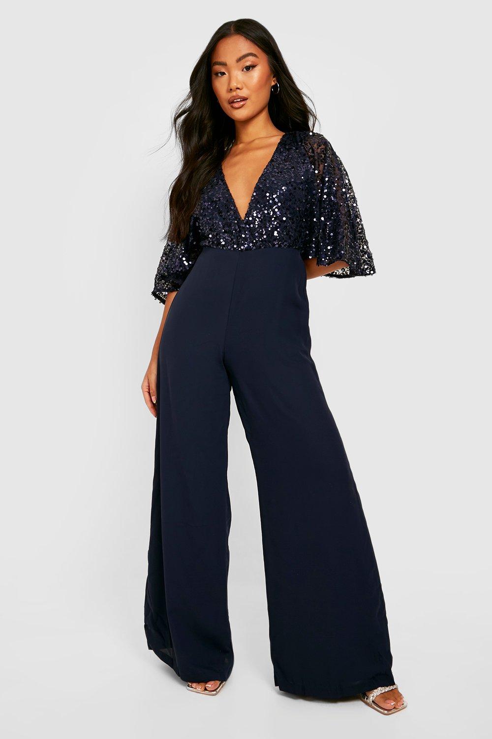 Petite Sequin Flared Sleeve Wide Leg Jumpsuit